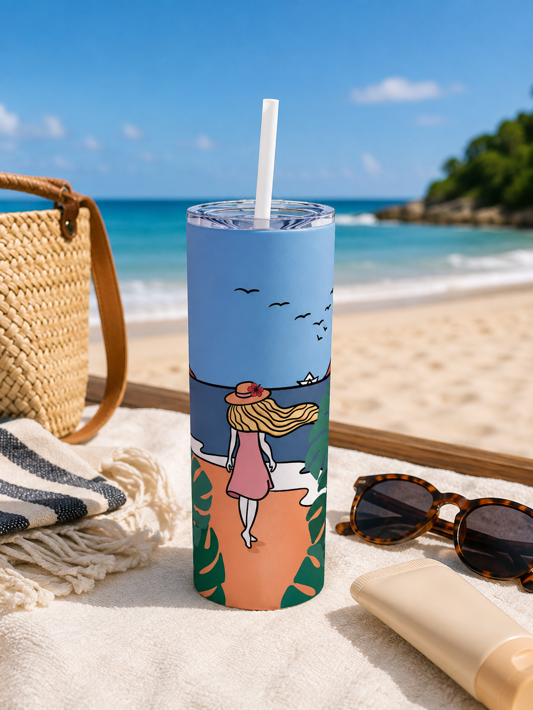 Quiet Mind Vacation Collection of Skinny Tumbler with Straw, 20oz